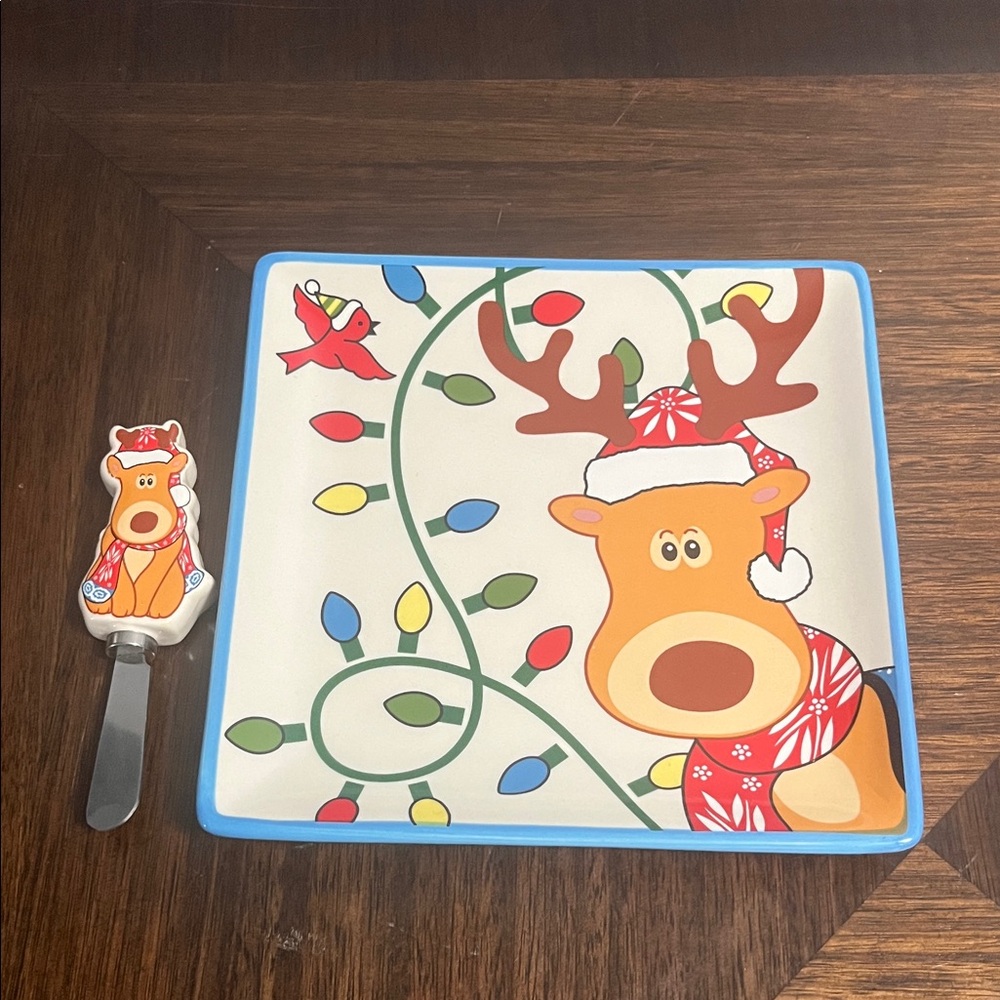 Temp-Tations by Tara holiday reindeer cheese plate and spreader nib kitchenware